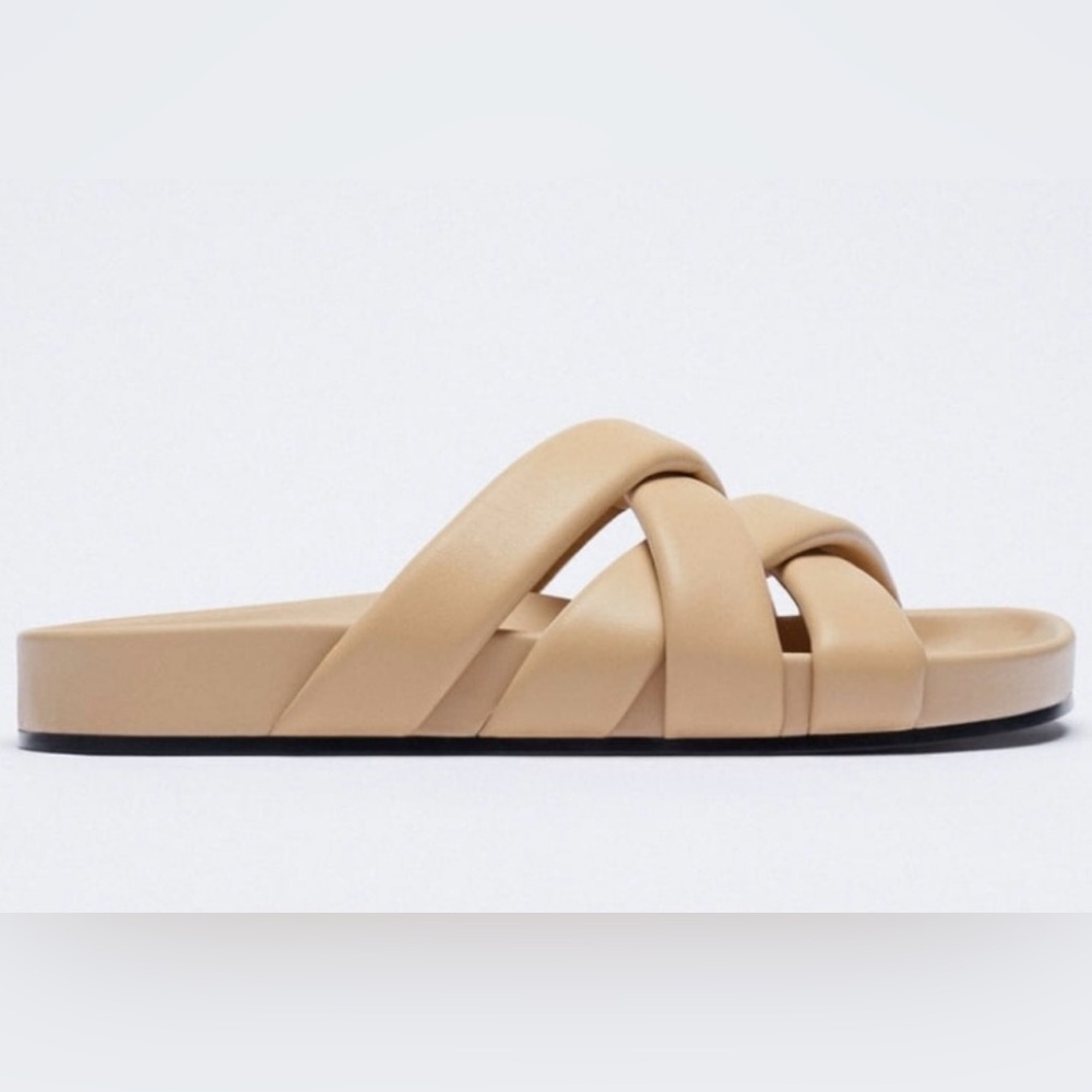 Zara Quilted Crisscross Straps Beige / Tan Slide Sandal 39